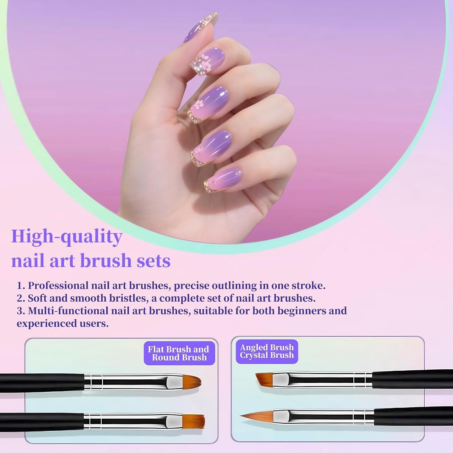 9Pcs Nail Art Brushes Set, 5 Art Liners & 4 Multi Shape Gel Builder Brushes | Si