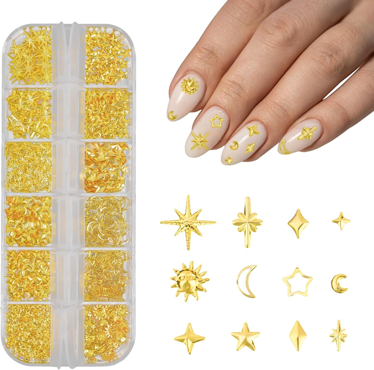 3D Star Nail Charms, Sun Moon Stars Metal Nail Charms for Nails Art Design, 12 S