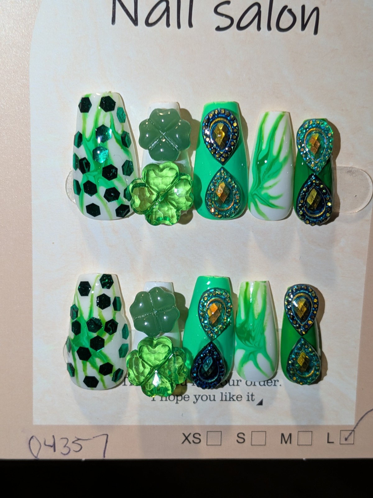 Hand Crafted St Patty Short Nail Set with Quality Glowing Gem Accents Sz LARGE