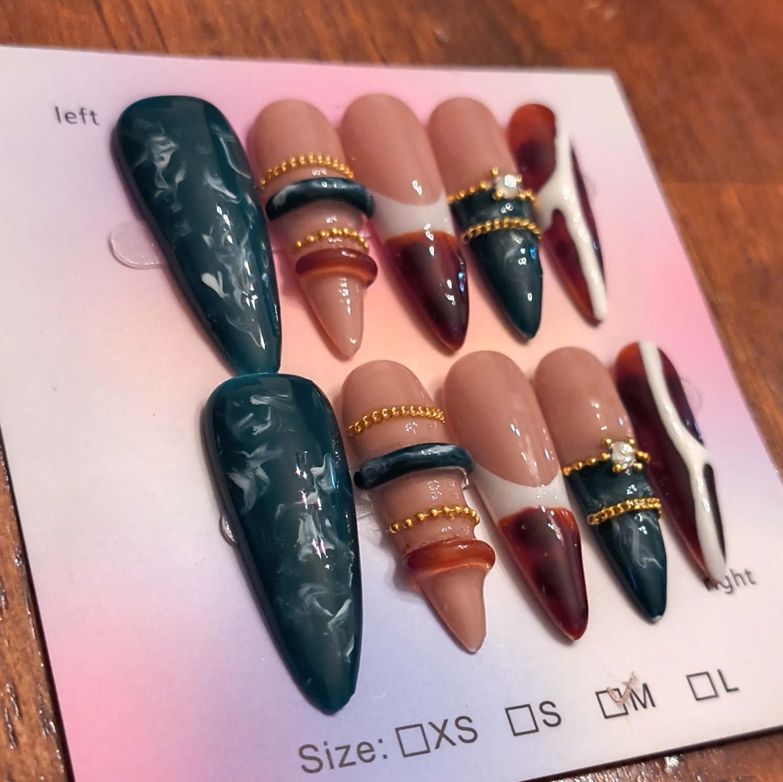 Press-On Nails Medium Coffin Green Nude Brown White Gold 3D Abstract Full Cover