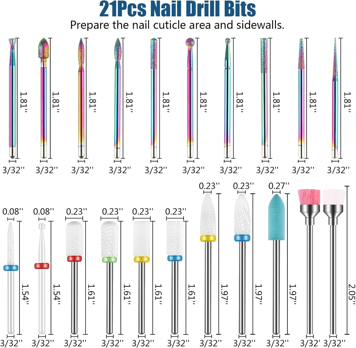 Nail Drill Bits Sets, 3/32 Inch Cuticle Electric Nail File and