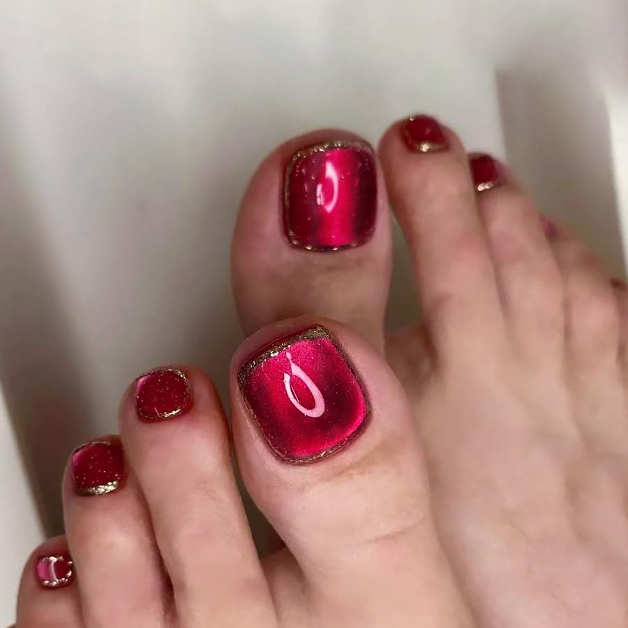 Wine Red Press on Toenails Short Square Fake Toe Nails Red Cat Eye Style 3