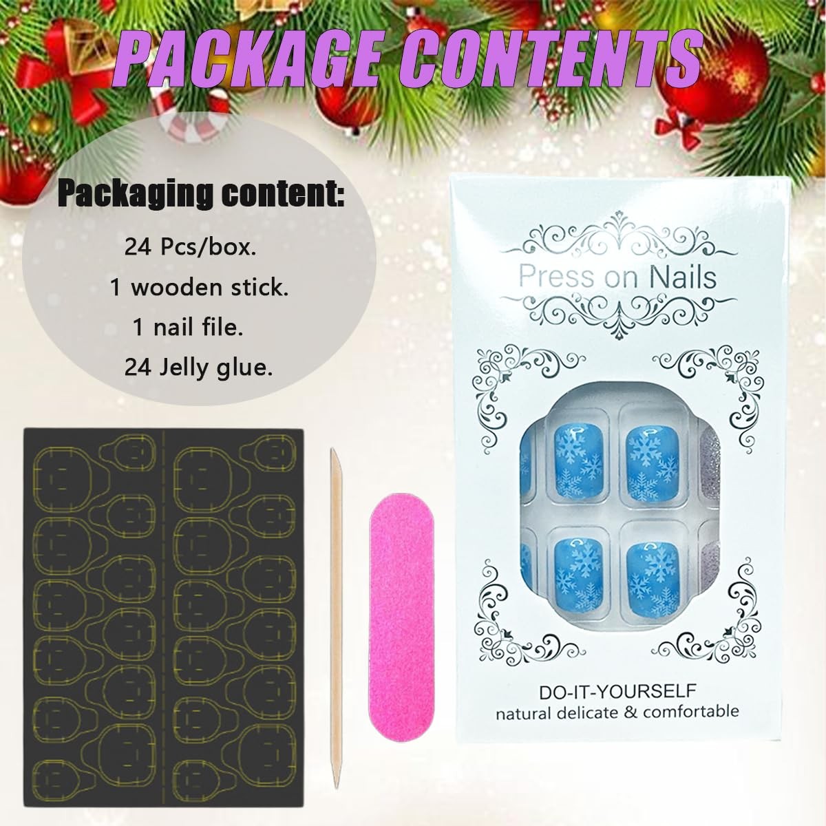 24Pcs Winter Snowflake Press on Nails Short Square Fake Nails with Glue Silve…