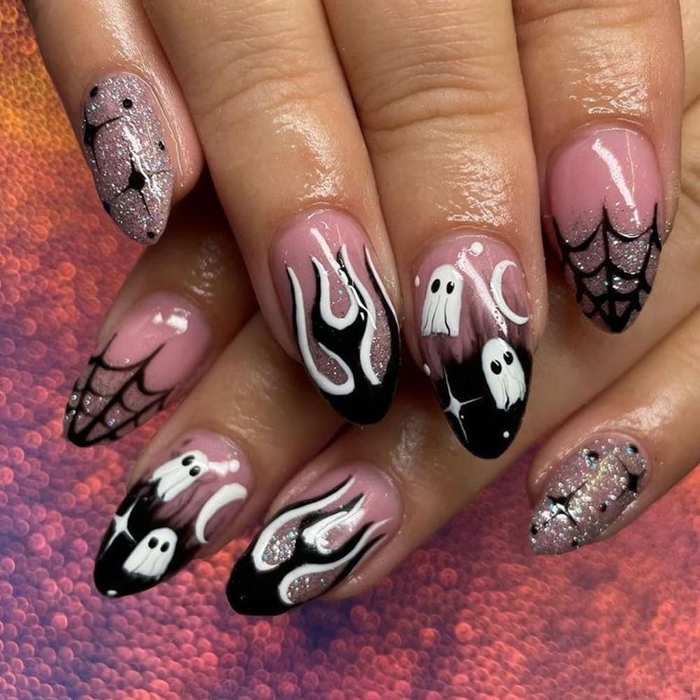 ONPRESS 24Pcs Halloween Press on Nails Short Almond Fake Nails Black Flame Fr…