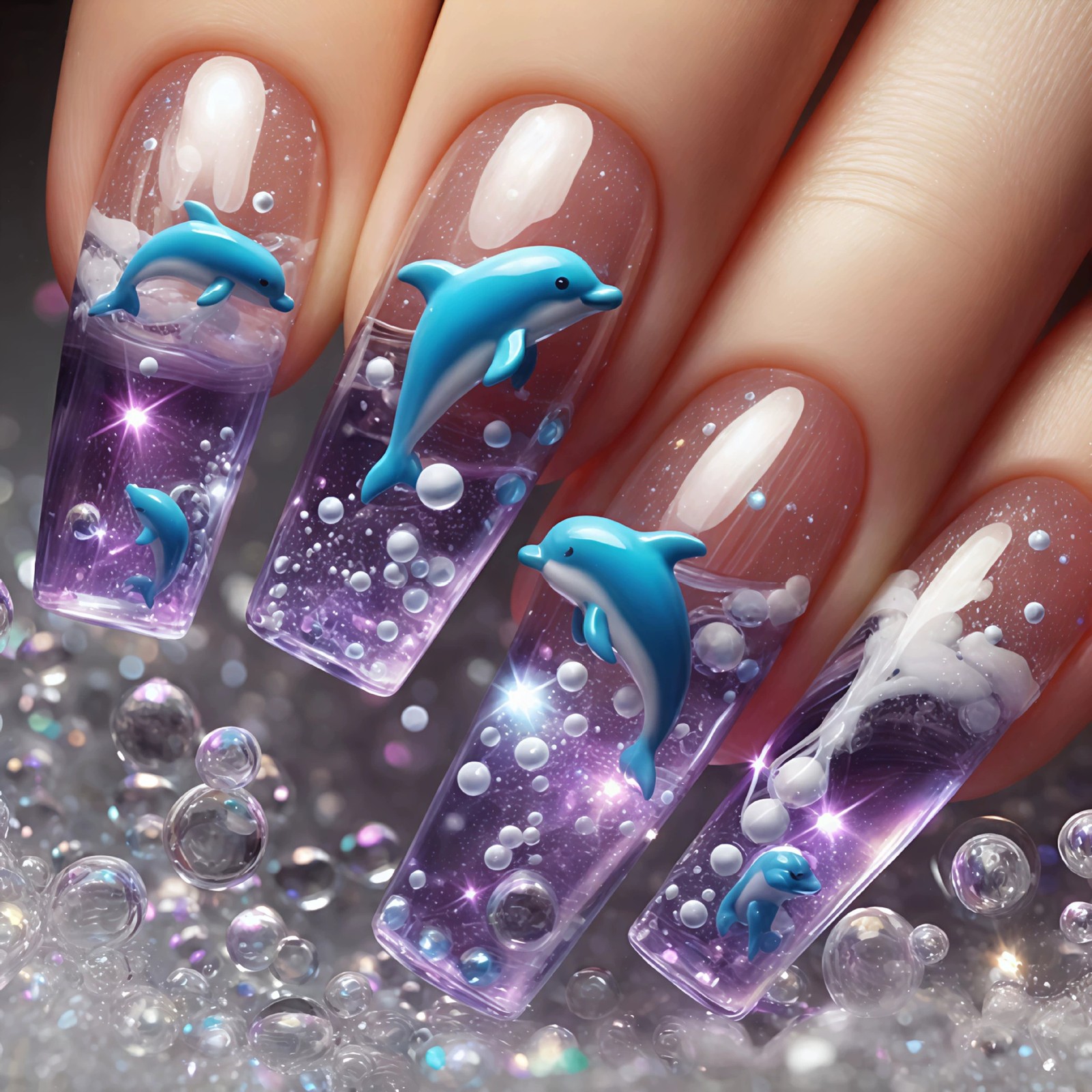24pcs Press on Nails Goldfish Bubble Long Square Glossy Reusable Fake Nails
