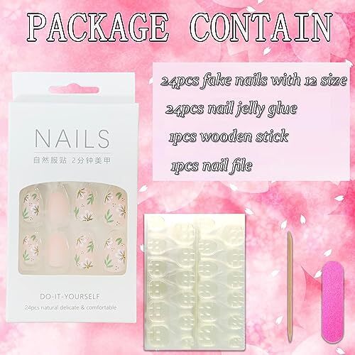 Flower Press on Nails Short Length, Oval Short Nude White Floral Green Leaf