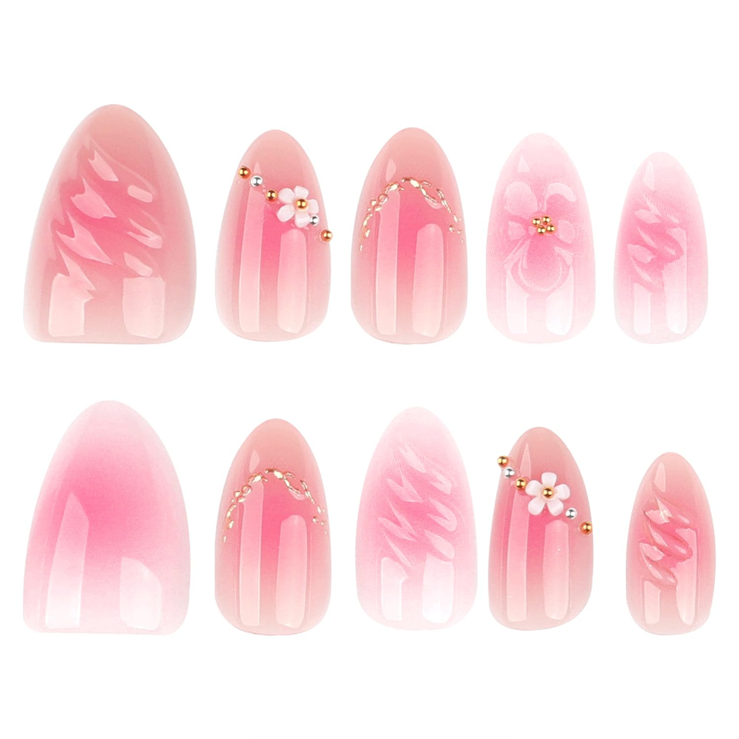 3D Flower Press on Nails Short Almond Fake Nails Pink Spring Nails Press Ons wit