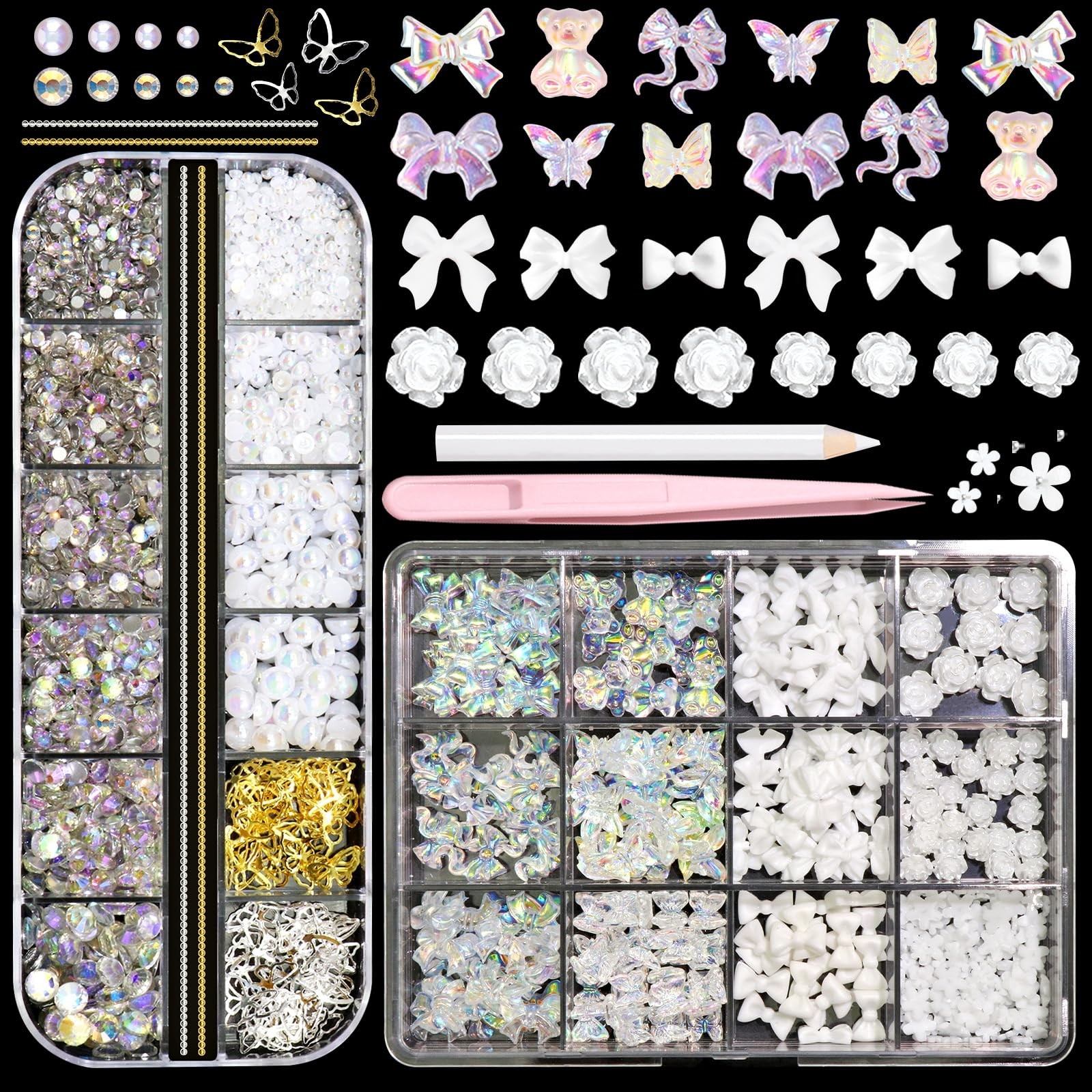 3D Nail Charms Set White Assorted Butterfly Flower Bear Charms for Nails Acry…