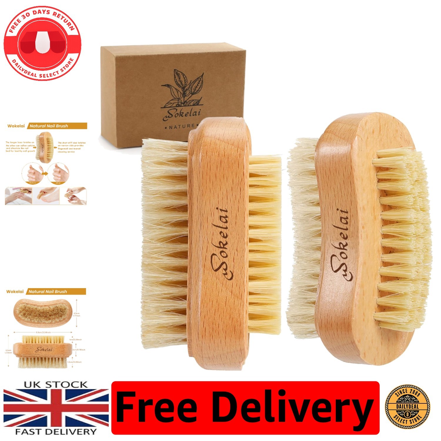 2-Pack Natural Wood Nail Brushes with Sisal Bristles – Gentle & Effective Care