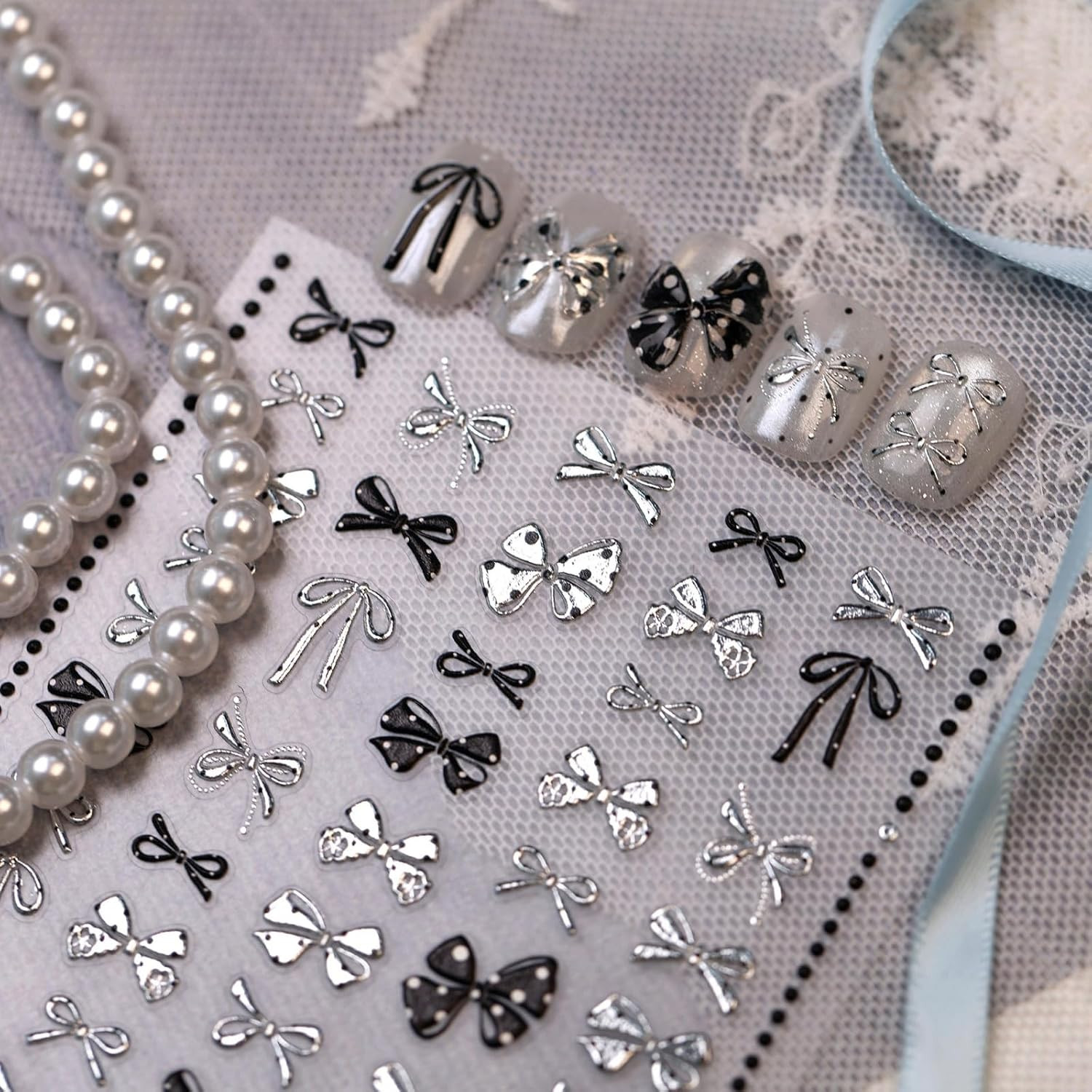 Black Silver Bow Nail Stickers Polka Dot Bowknot Metallic Nail Art Decals | Y2K