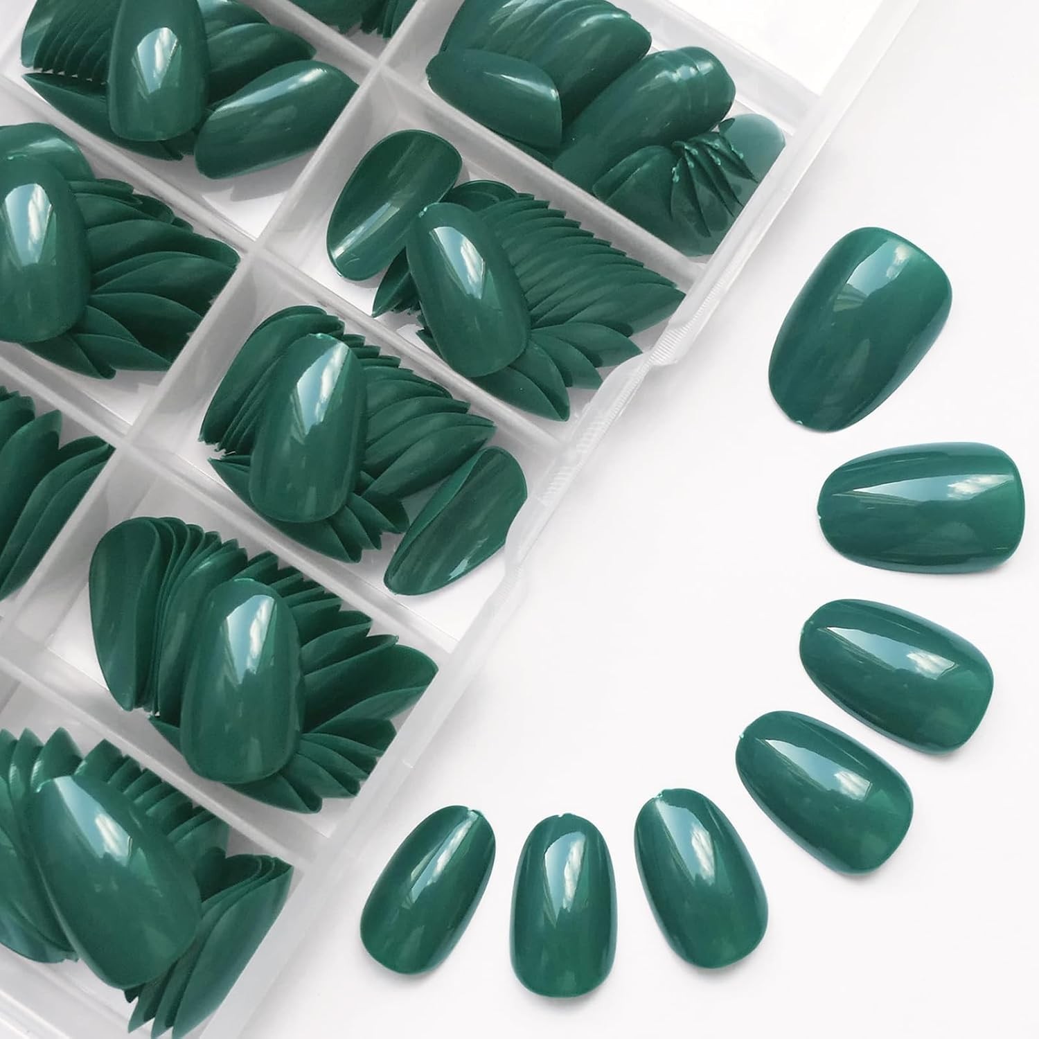 Short Press on Nails Almond Fake Nails, 240 Round Almond Press on Emerald Green
