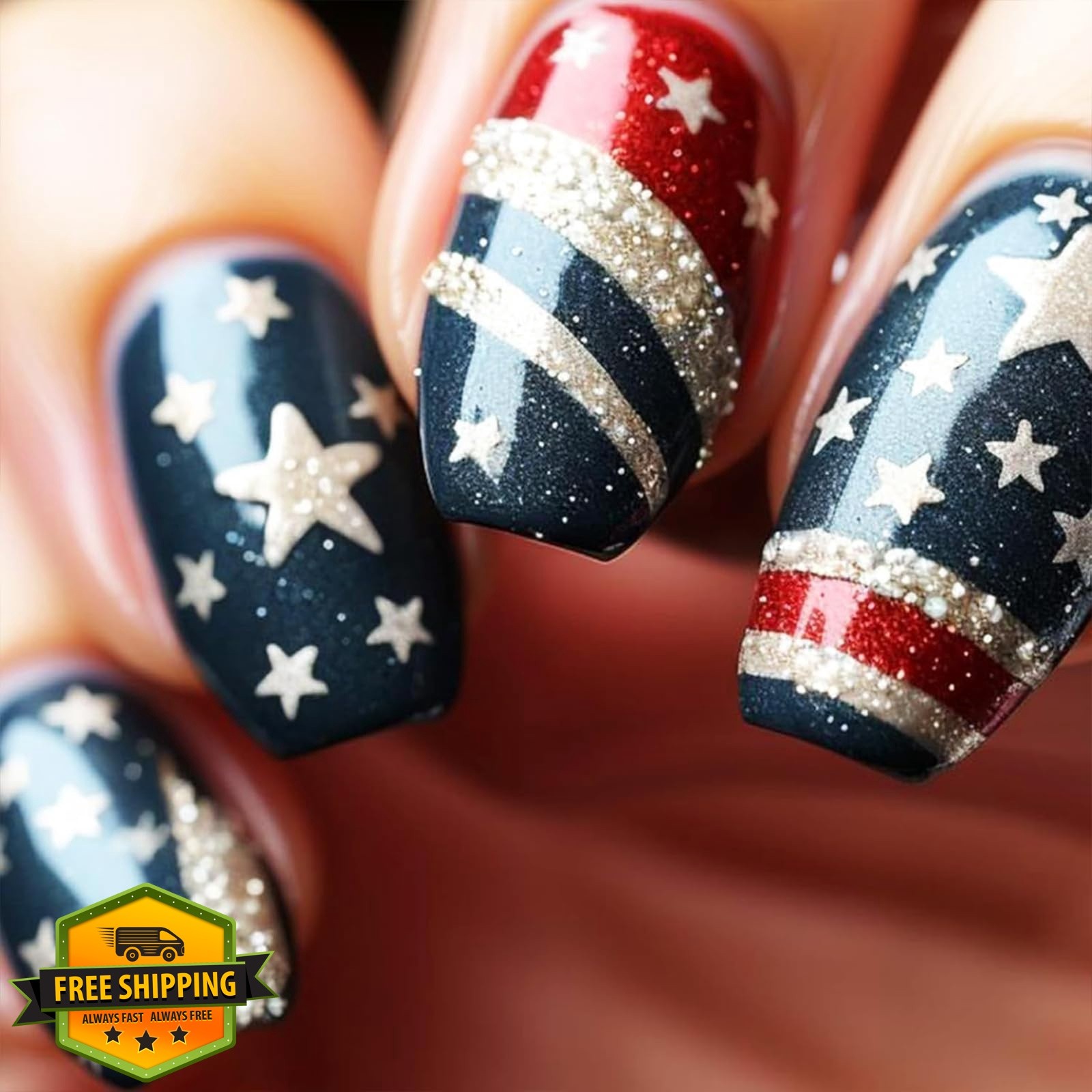 LFAAYYF Style8 Red White Blue Glitter French Tip Nails