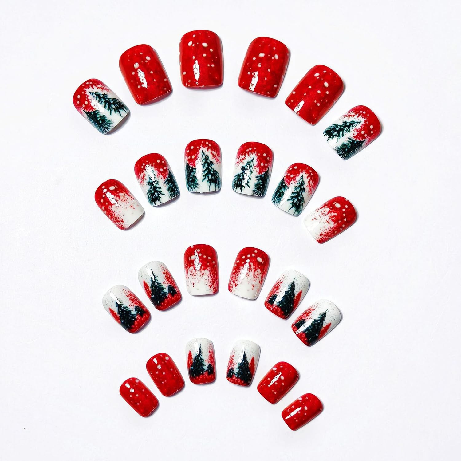 24Pcs Christmas Press on Nails Short Square Fake 12 sizes, Multicolor