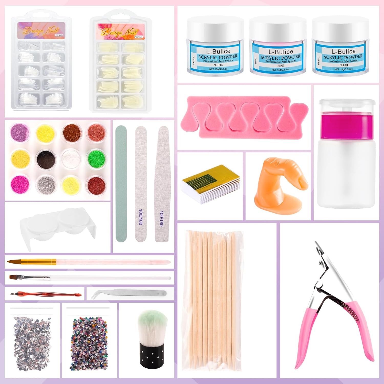 Acrylic Nail Kit for Beginners with Everything Professional, 12 Glitter Powder N