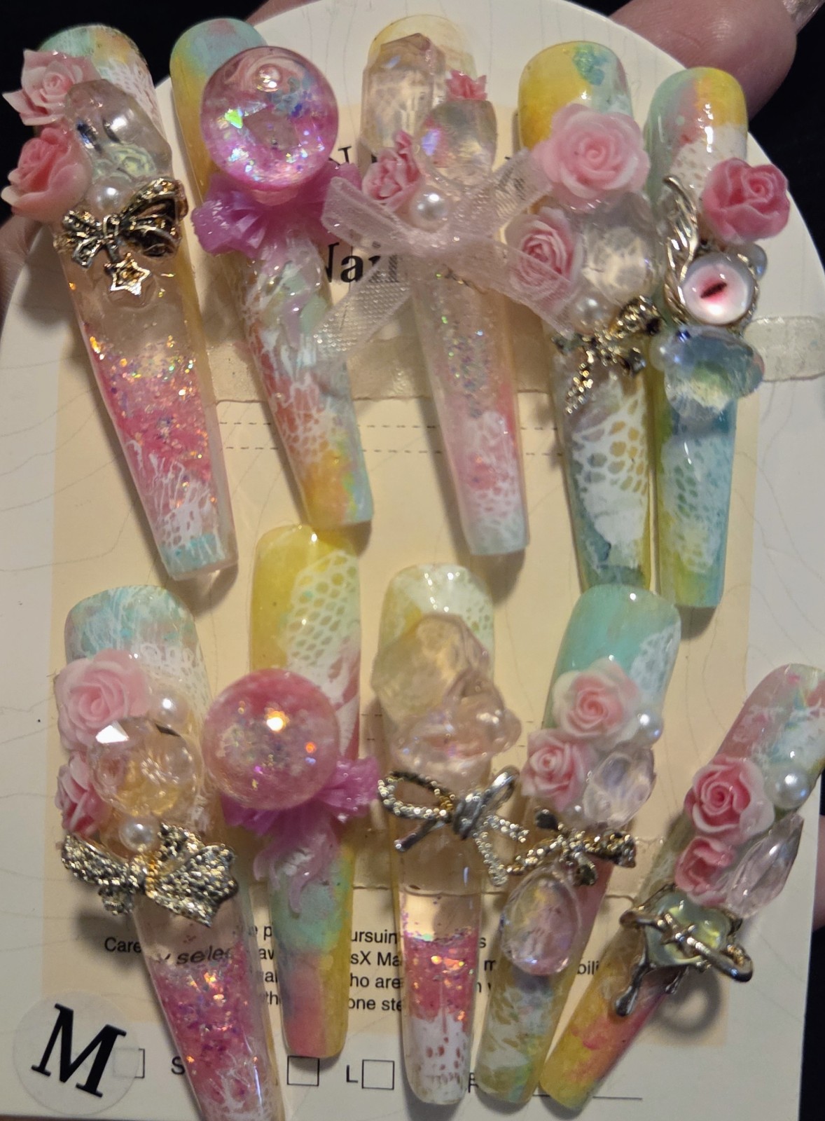 Handmade Long water Aquarium Press-On Nails Multicolor Glitter Floral 3D-M