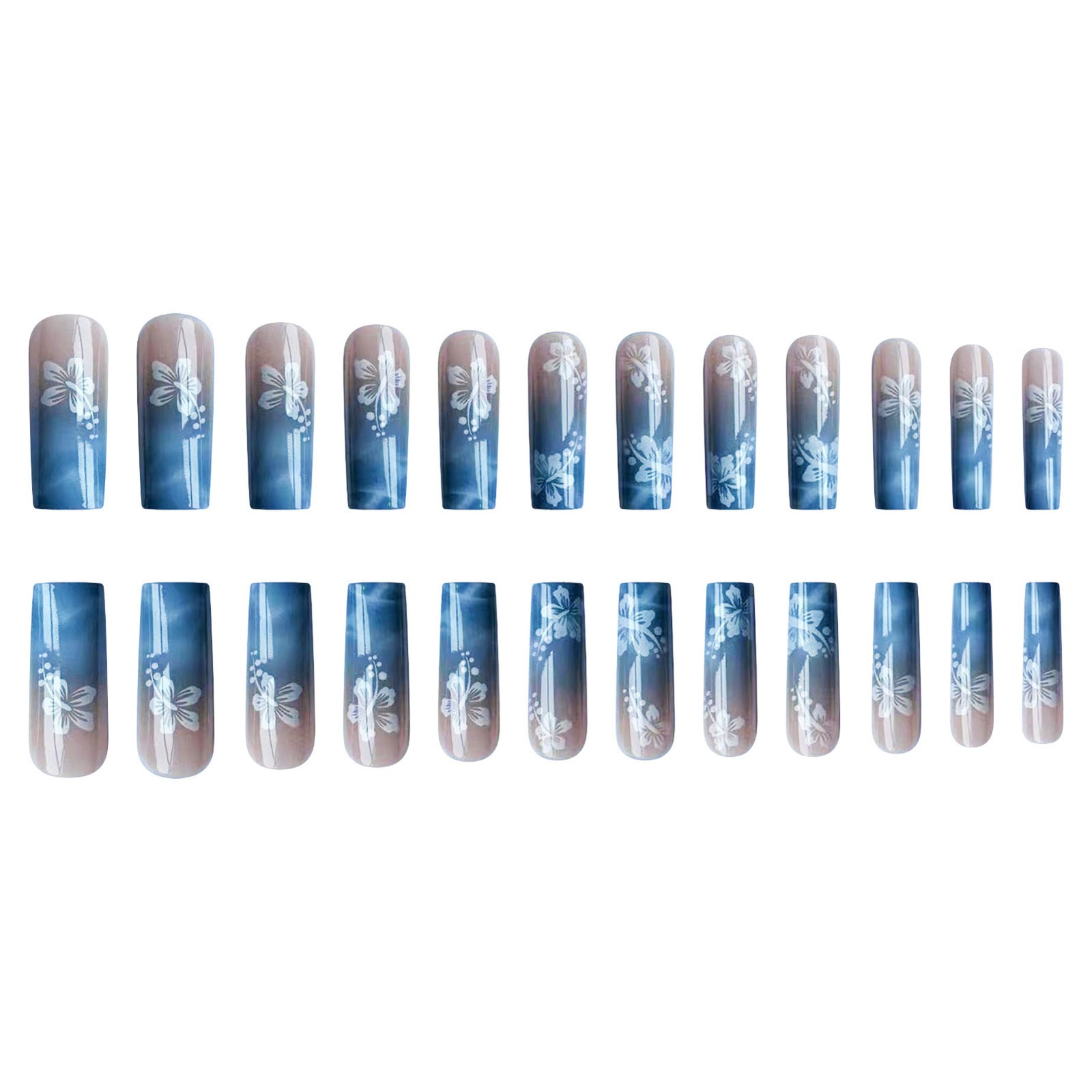 Press On Nails Blue Ombre Waves White Flower Removable Rectangle 10 Pcs