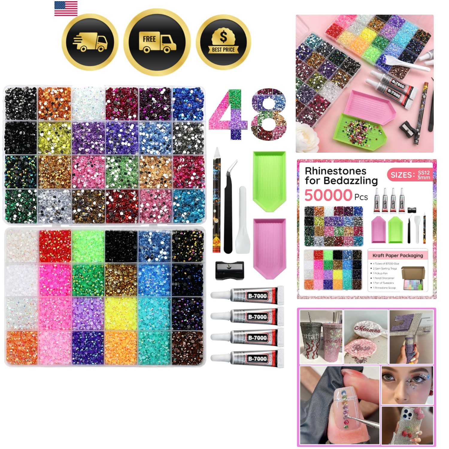 Genuine 52000Pcs Resin Rhinestones for , 48 Color 3mm Flatback Gems for Craft…