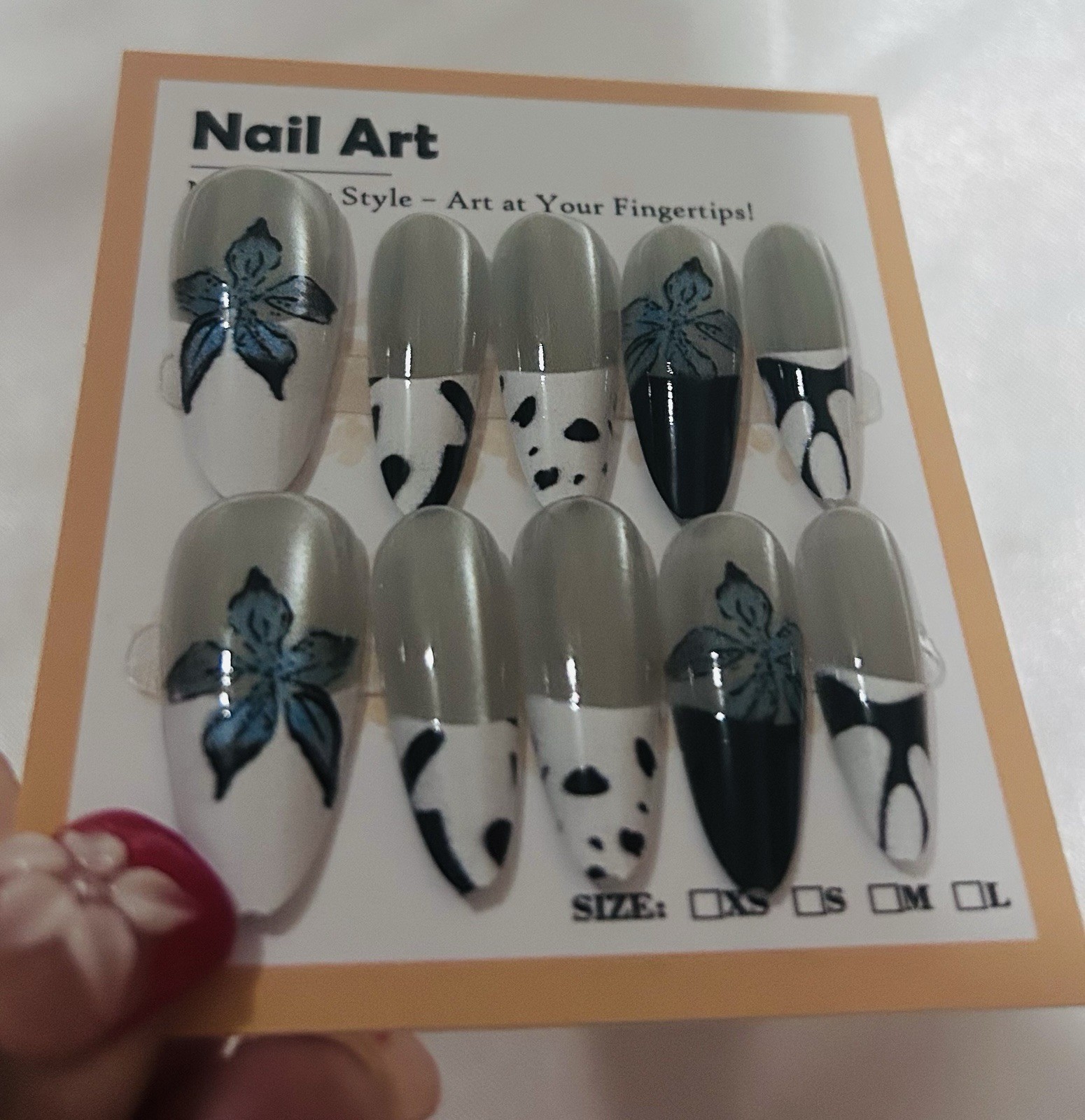 Shiny Gray White Black Blue Floral Press-On Nails Almond Extra Long Full Cover
