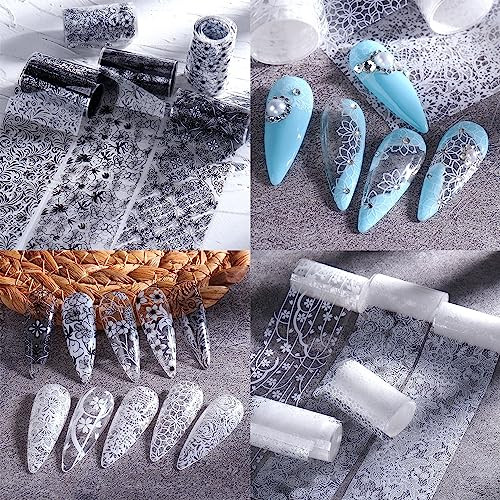 10 Rolls Lace Nail Foil for Long Acrylic Nails Black White Flower Nail