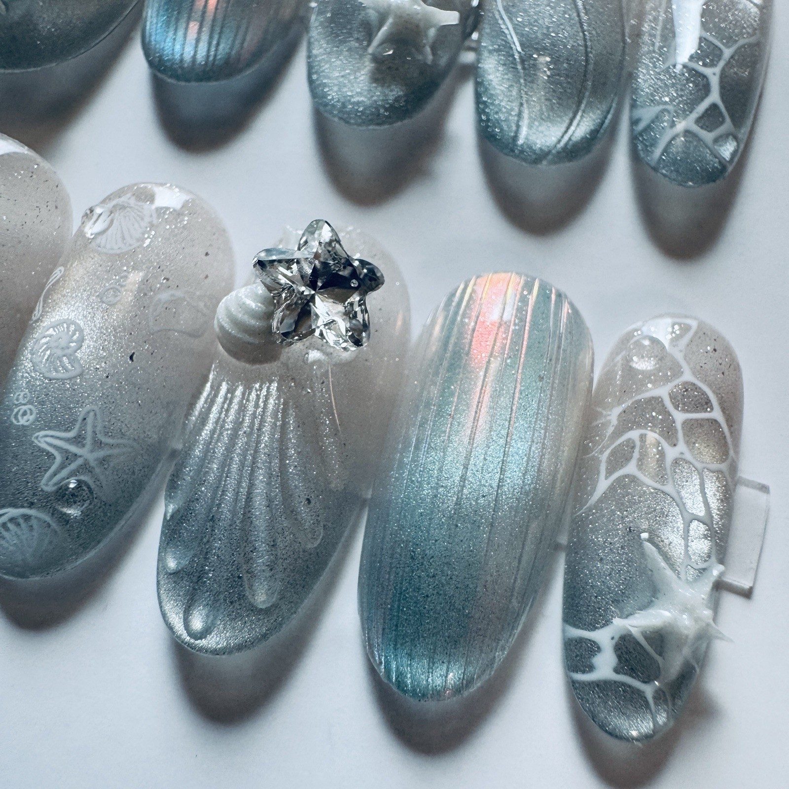 Press-On Nails Long Oval Blue/Beige Ocean Theme Laser 3D Full Cover Handmade
