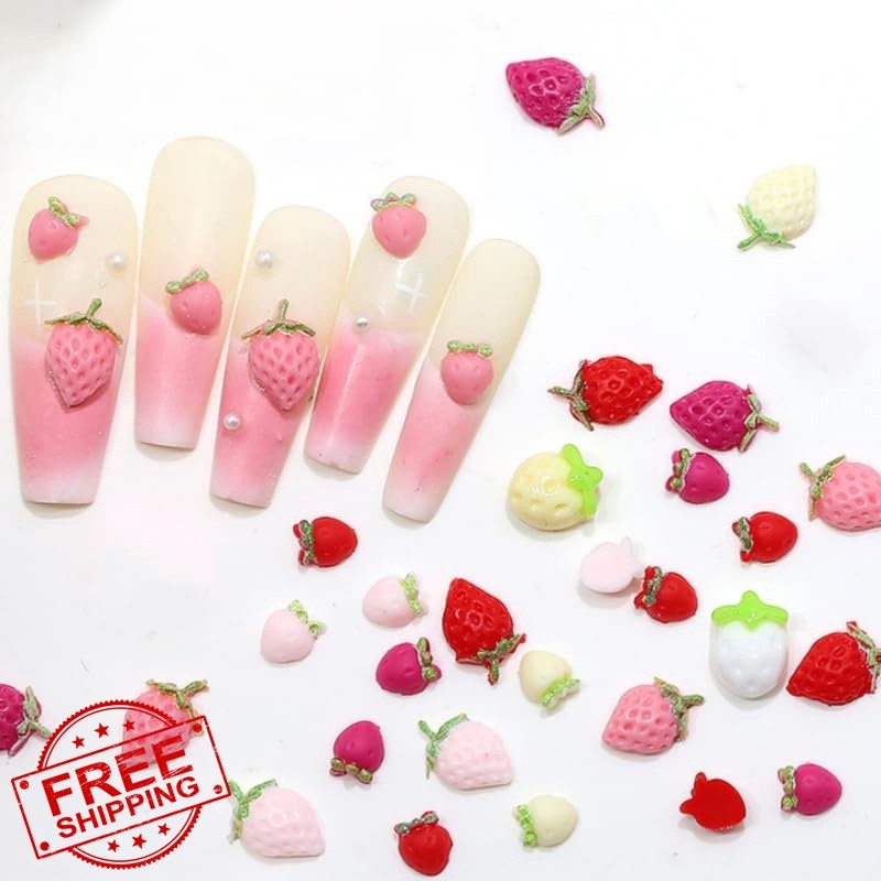 Tephrent 200Pcs 3D Red Strawberry Nail Charms