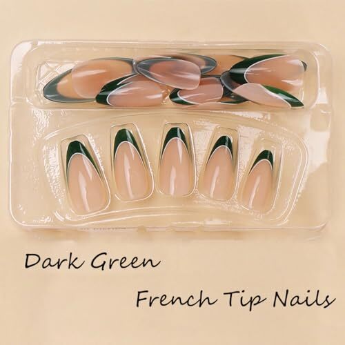 Almond Press on Nails Medium Fake Nails Dark Green French Tip Glue 3104Green