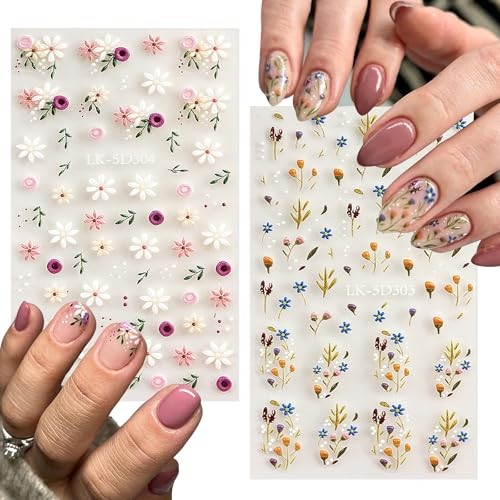 Flower Nail Art Stickers Daisy Nail Decals for Women | 5D Embossed Colorful-01