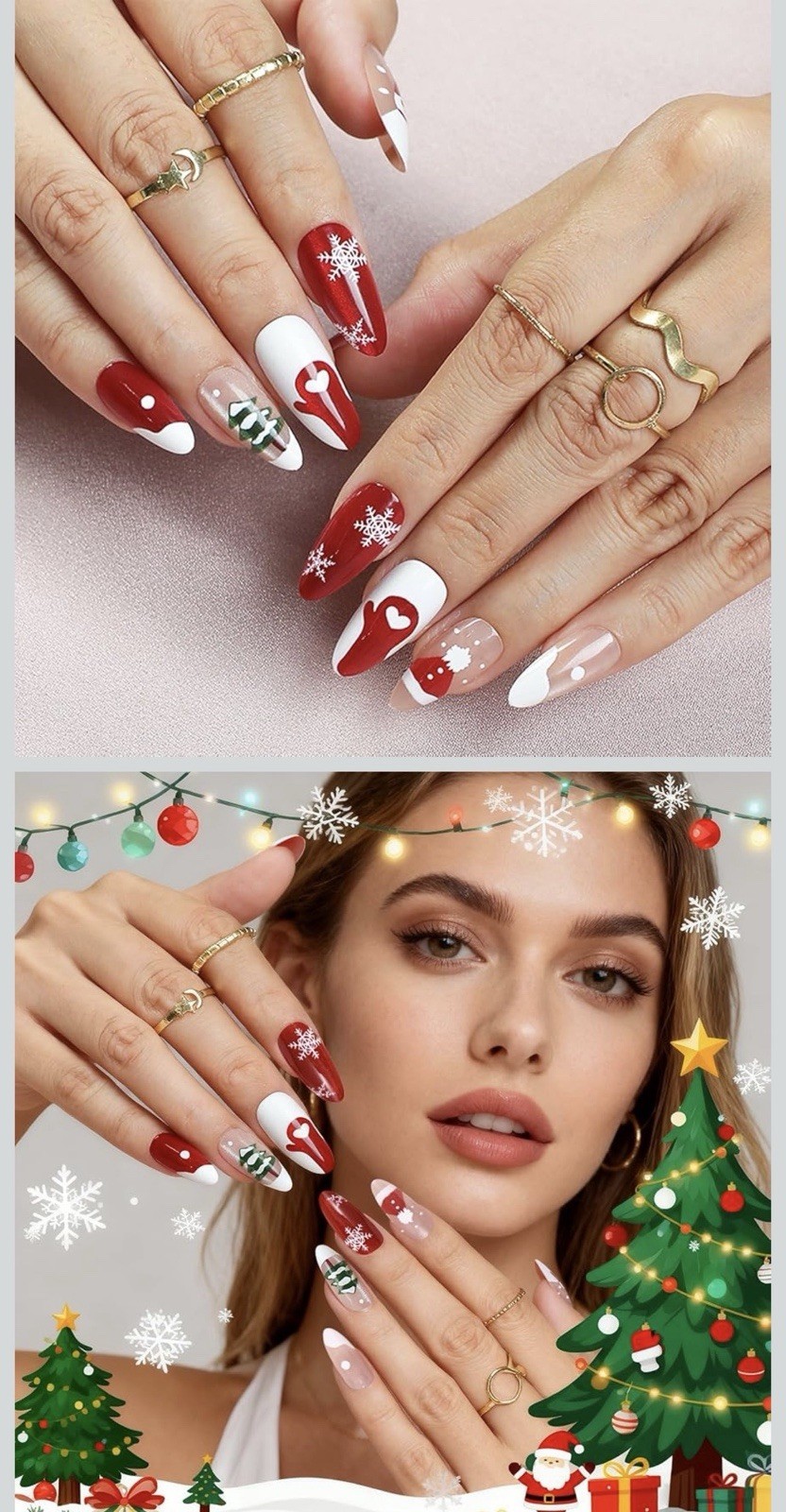 Christmas Press On Nails, New Medium Almond Red French Tip Fake False Cute