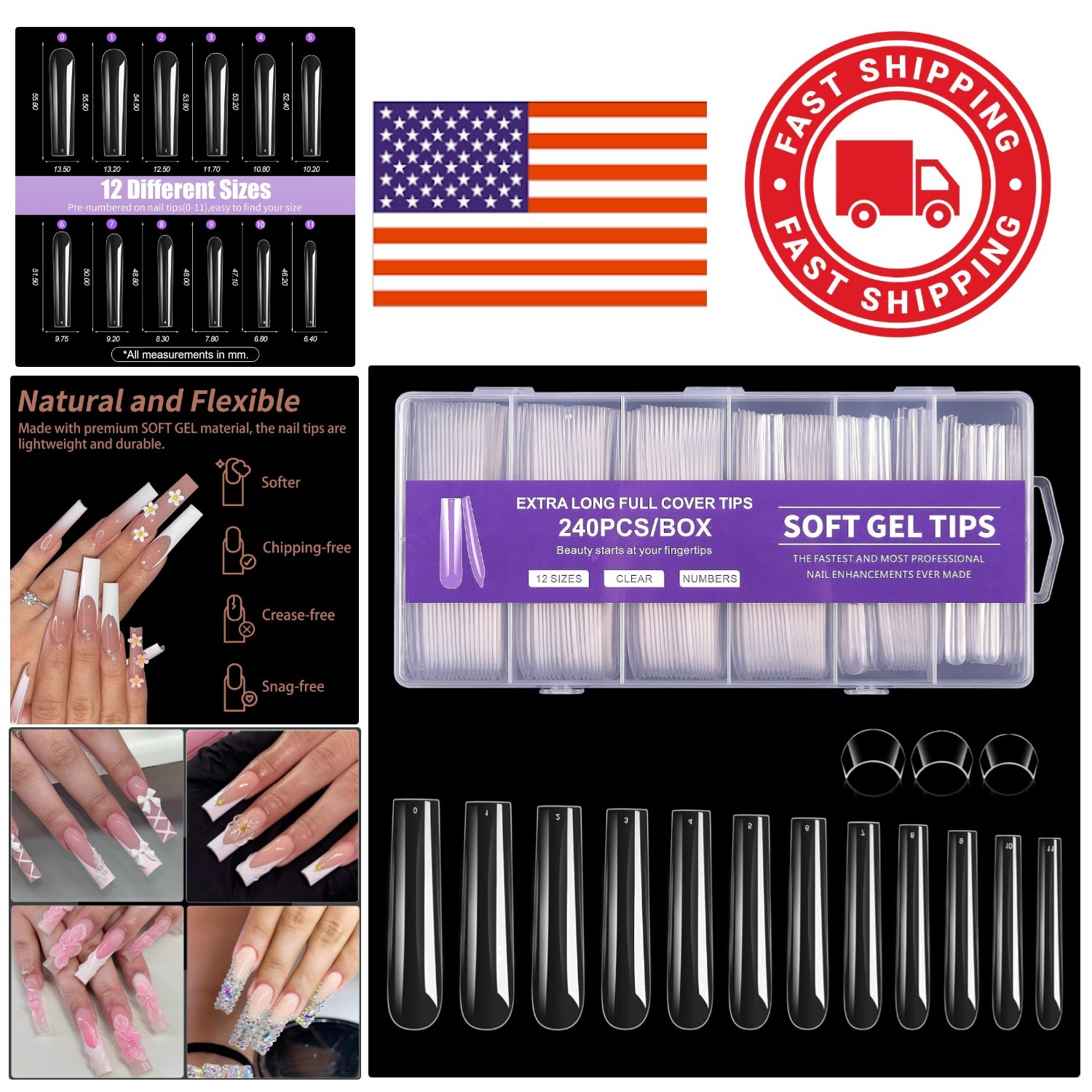 Durable Soft Gel Nail Tips 240Pcs Long Square Shape Non Toxic Safe for Beginners