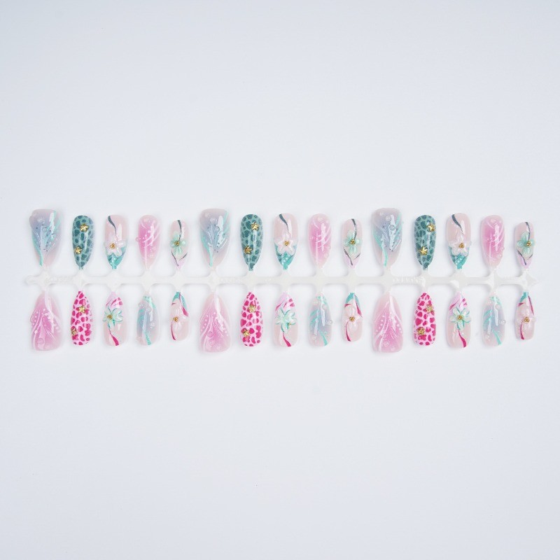 30Pcs-Long Almond Pink Green Leopard Flower Starfish Beach Press on Nails Set