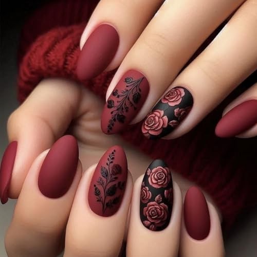 Red Rose Flower Press On Nails – Black Leaves Acrylic Medium Valentine Almond 9
