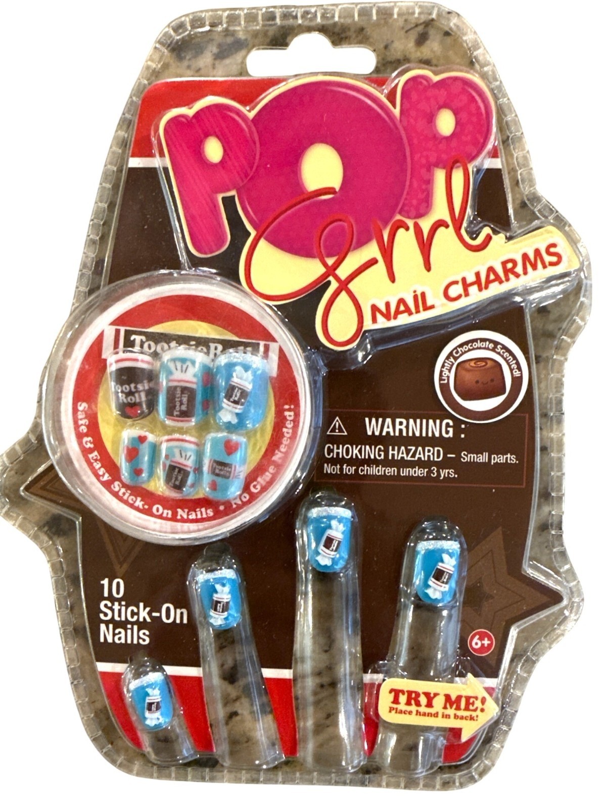 POP GRRL Nail Charms 10 Press-On Nails Blue+Brown+White TOOTSIE ROLL Candy Heart