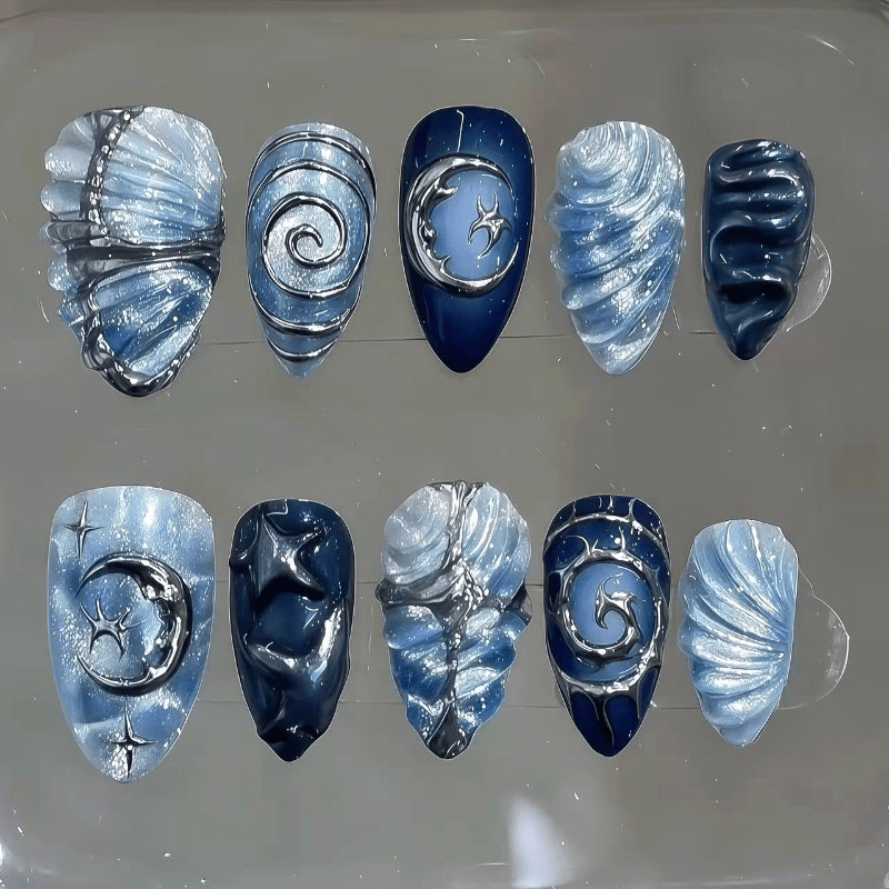 60 Pcs Blue Moon Metallic Oval Press On Nails, Y2K Cool Glossy Fake Nails