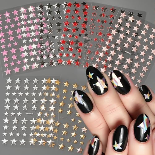 3D Pink Red Black White Silver Gold Star Nail Stickers Colorful Five Pointed