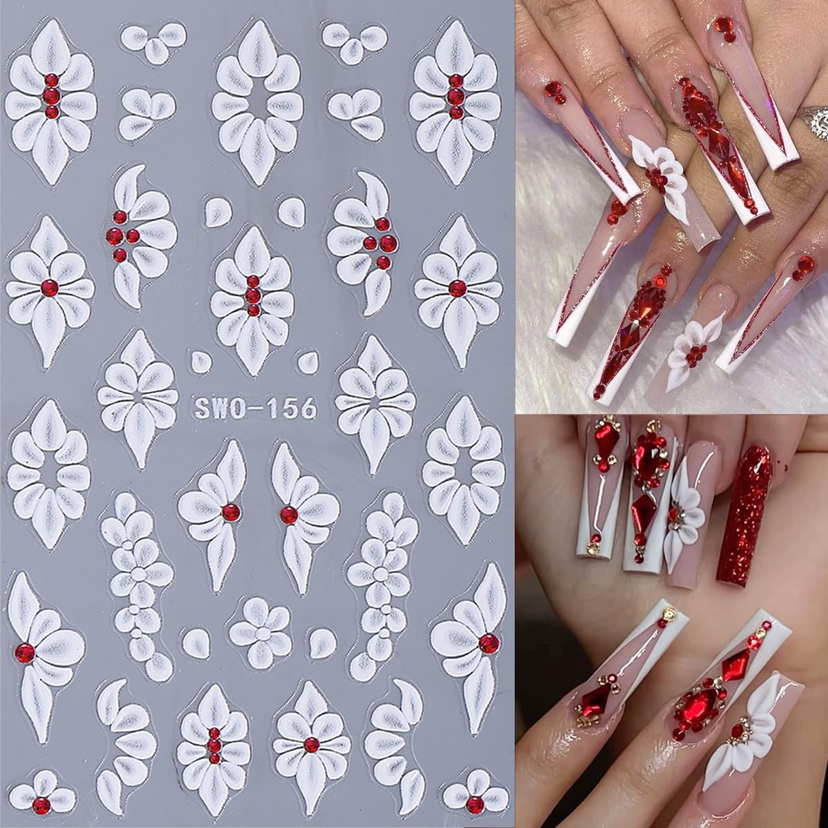 5D Embossed Flower Nail Art Stickers Pink White Floral Nail Stickers Camellia…