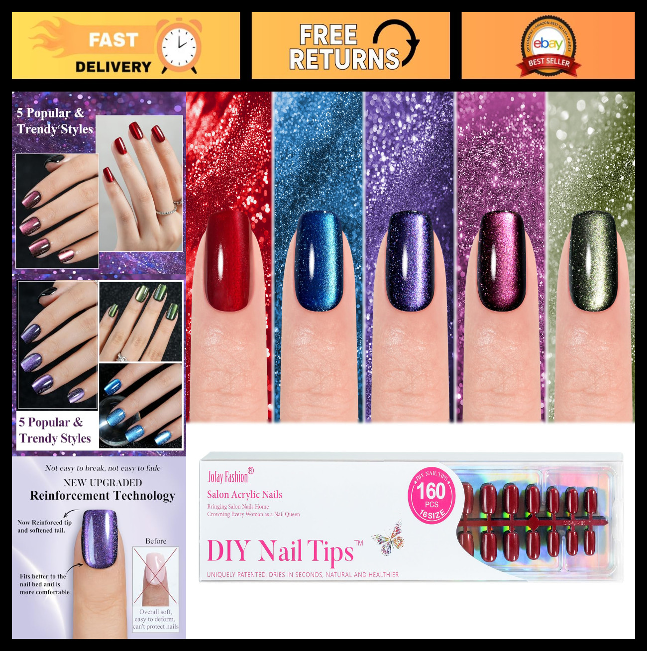 Cat Eye Press on Nails – 5 Styles, 160Pcs Glitter Acrylic Fake Nails for Women