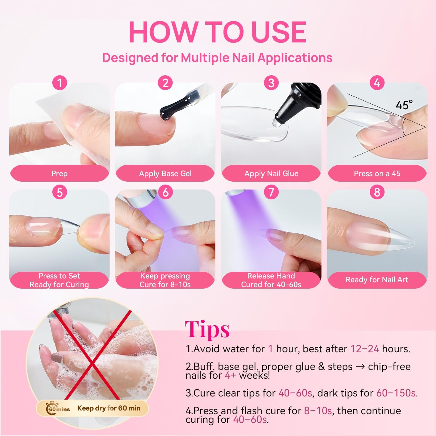 Solid Nail Glue Gel 2X20G UV LED Cure Strong Adhesion for Press-On Acrylic Tips