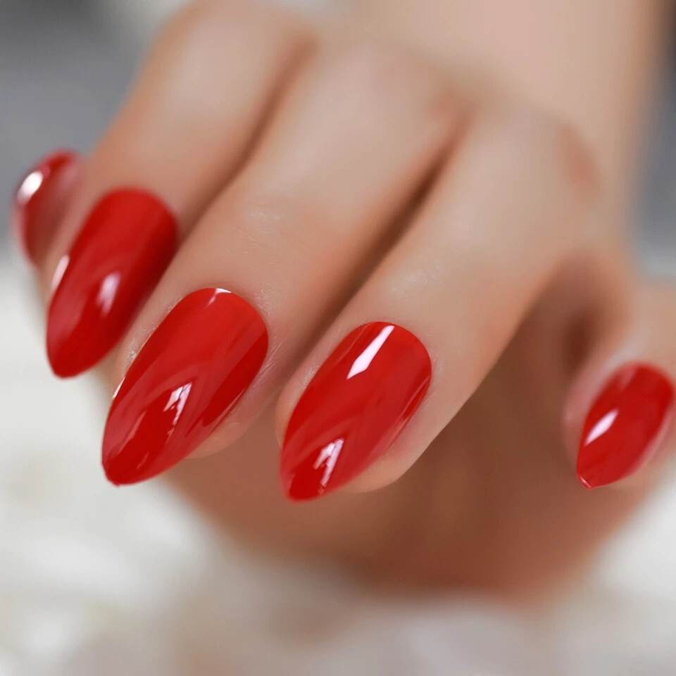 24 Medium Press on Nails kit glue on almond red bright true cherry