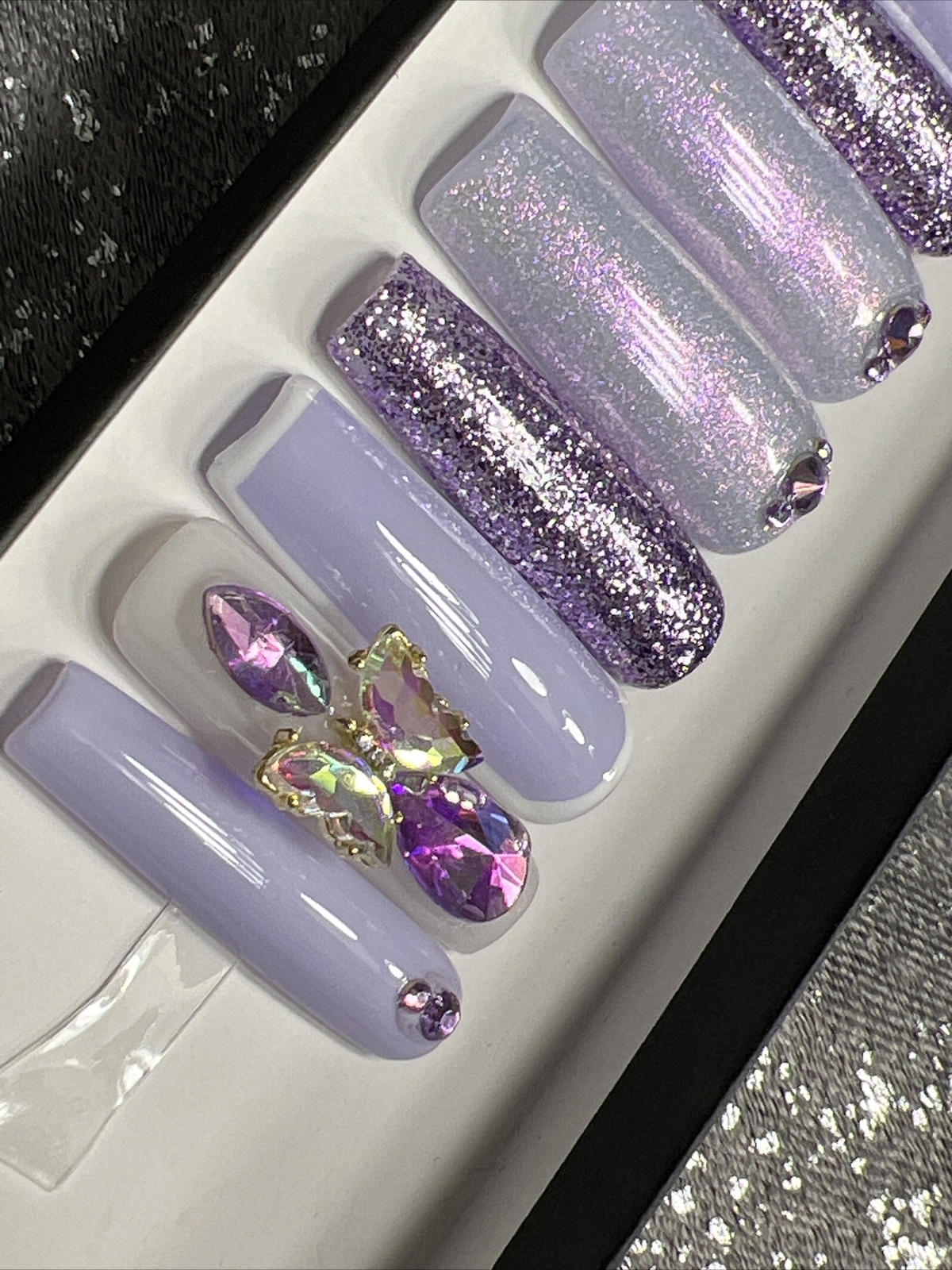 🖤 CUSTOM Gel Press On Nails, HEART BLING , 10p set FULL SET W Kit LONG SQUARE