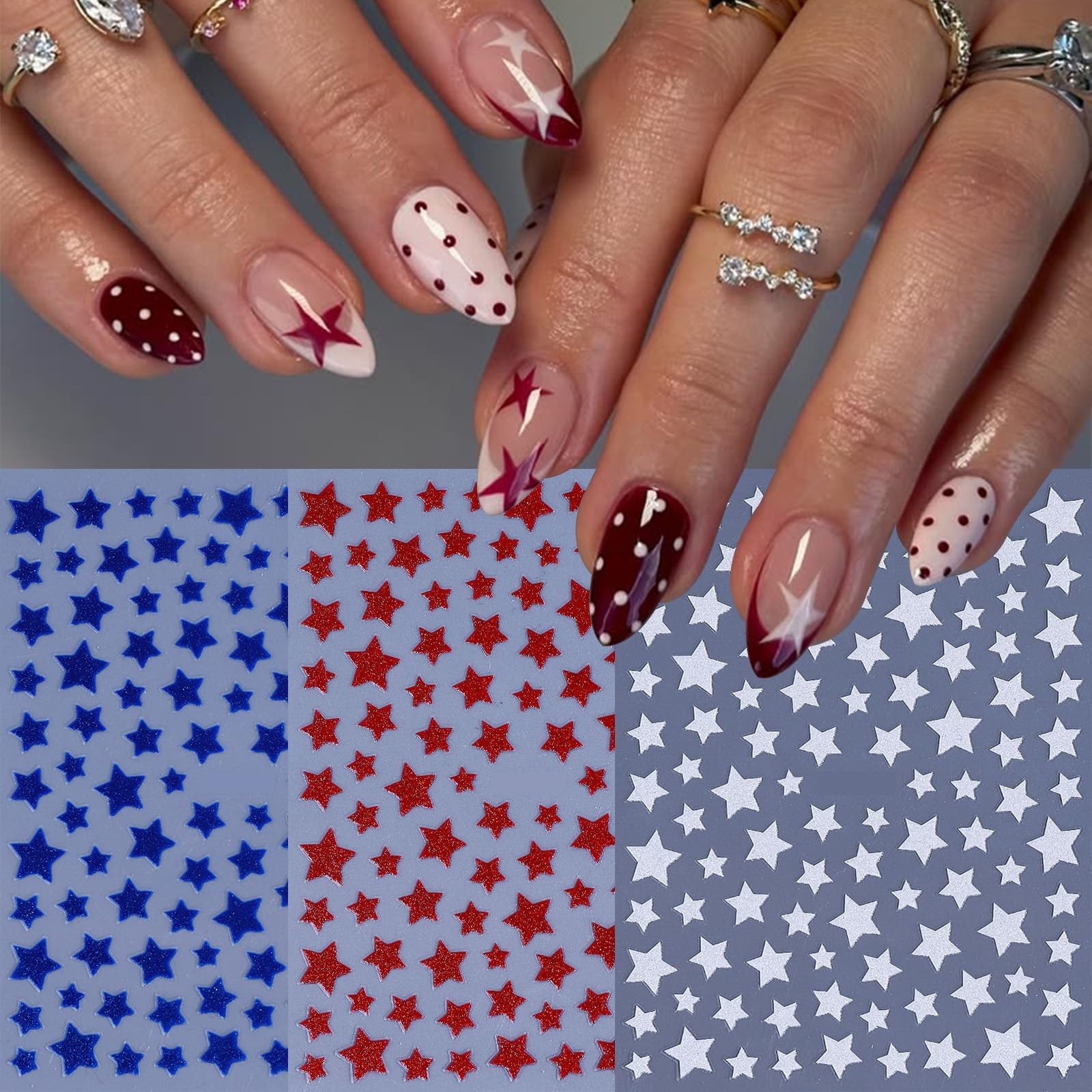 4th of July Nail Stickers Red White Blue Star Nail Decals 6PCS Glitter Patrio…