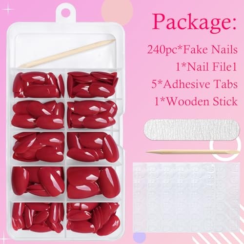 Oval Press on Nails Short Fake Nails, 240pcs Red Nails Press on Deep Red