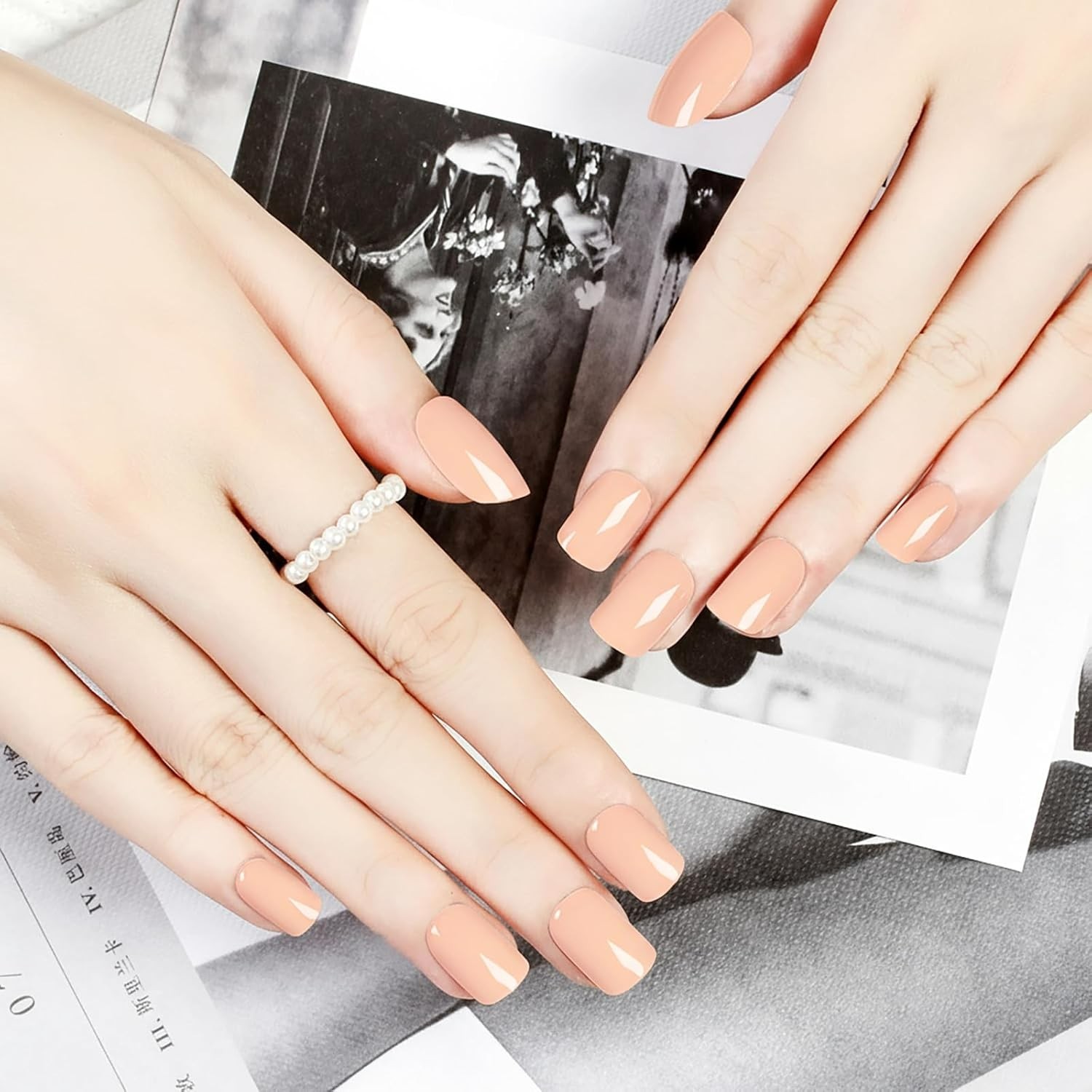 Acrylic Press On Nails Square Short – Nude Peach No Glue Soft Gel Nail Tips