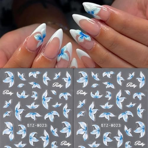 Flower Nail Art Stickers Decals Blue White Flower Nail Decals blue white flower