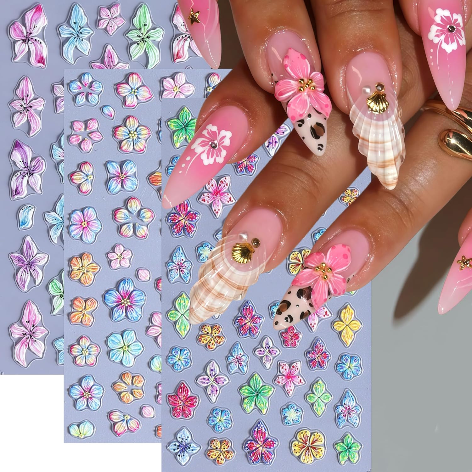 3Sheets Flower Nail Art Stickers Decals 5D Embossed Hibiscus Nail Stickers Lily