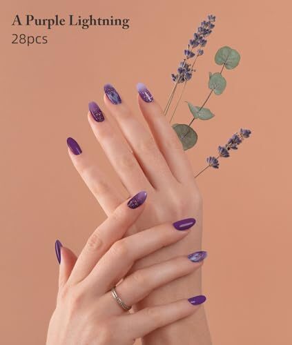 Semi Cured Gel Nail Strips, 28Pcs Uv Gel Nail Stickers, A34 Purple Lightning