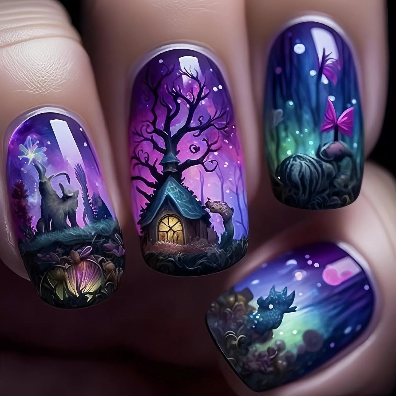 Halloween Press on Nails Medium Square Fake Nails Press Ons Purple Black False N