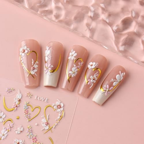 Floral Nail Stickers Gold Heart Nail Decals Spring Nail Art Flower & Heart