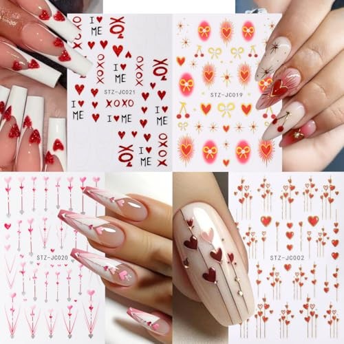 8 Sheets 3D Red Pink Hearts Nail Art Stickers Decals Valentine Style 01