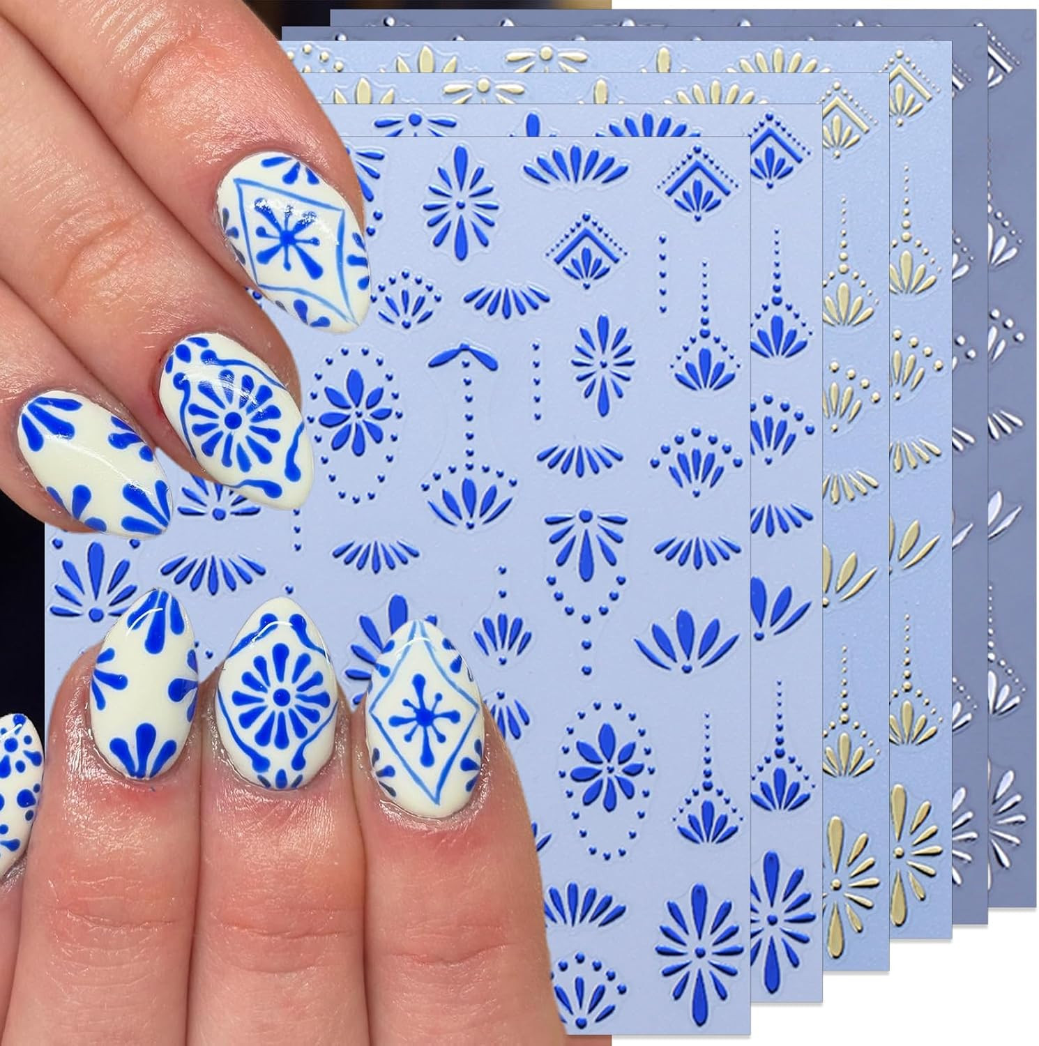 Bohemian Style Nail Stickers – Retro Blue Boho Chic Ethnic Tribal Pattern Self-A