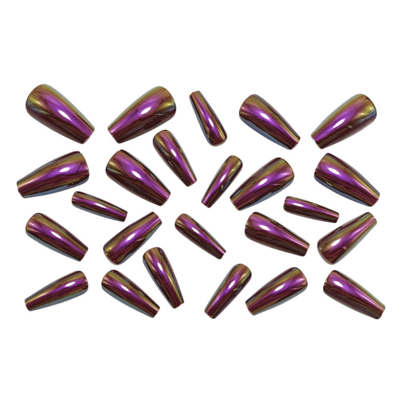 48Pc Coffin Purple Black Mirror Press on Nails Metallic Shiny Party Stylish Wear